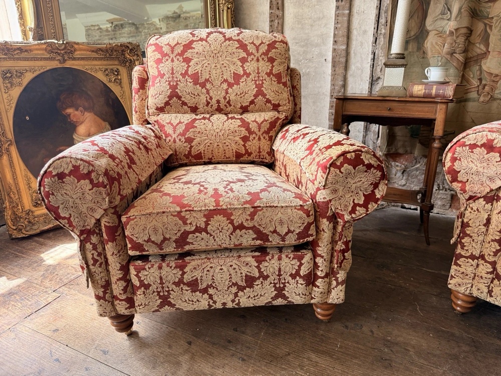 Duresta Southsea Oscar Russet Gold Damask Sofa Armchair 2 Piece Suite - Handmade in England