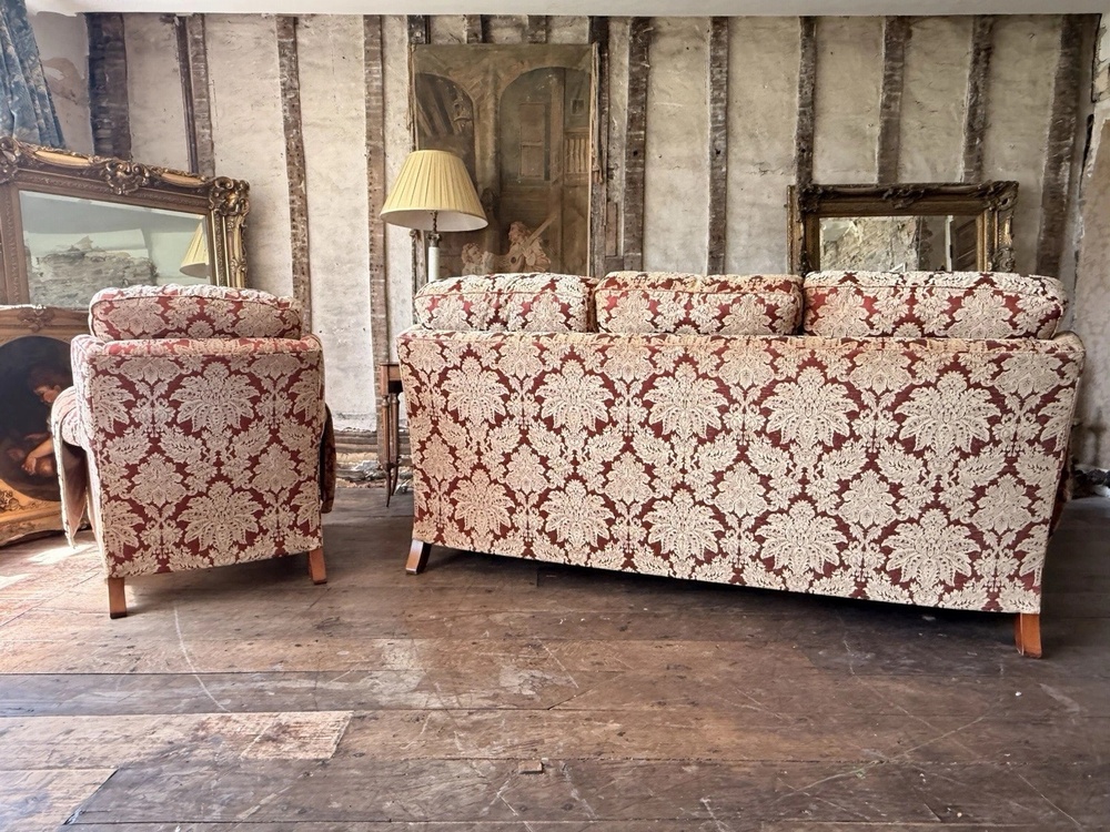 Duresta Southsea Oscar Russet Gold Damask Sofa Armchair 2 Piece Suite - Handmade in England