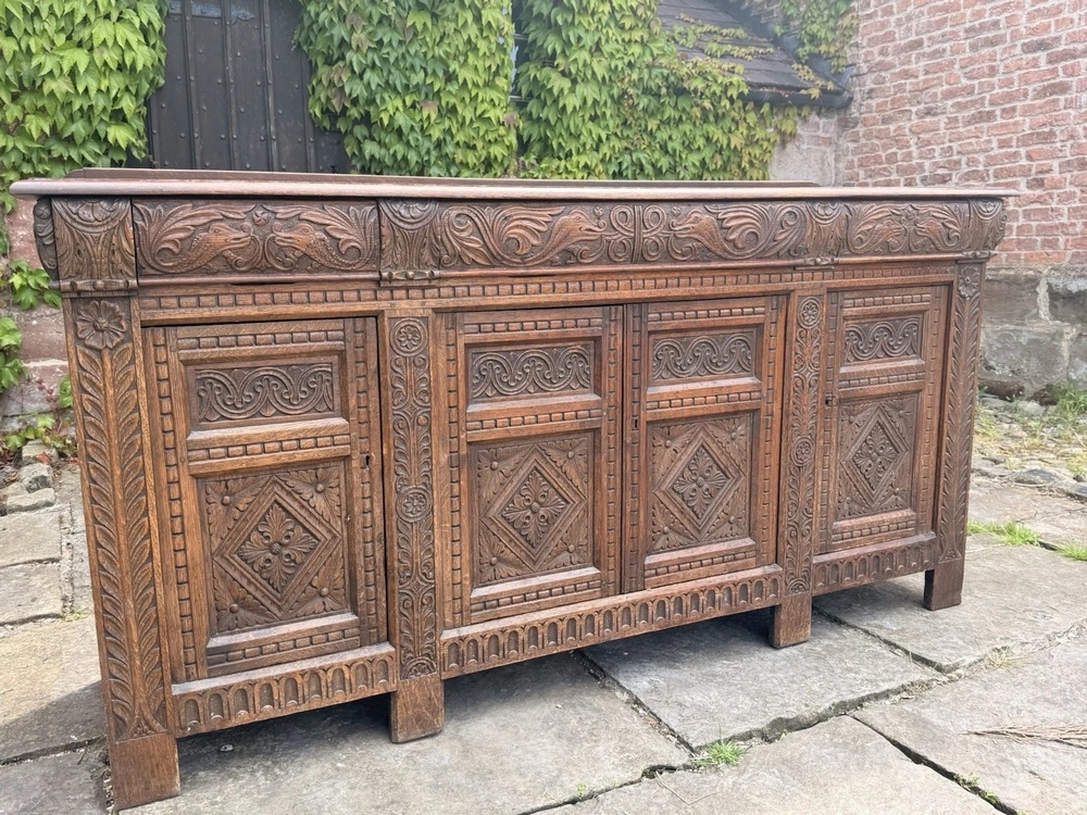 Large Victorian Carved Country House Jacobean Solid Antique Oak Carved Sideboard