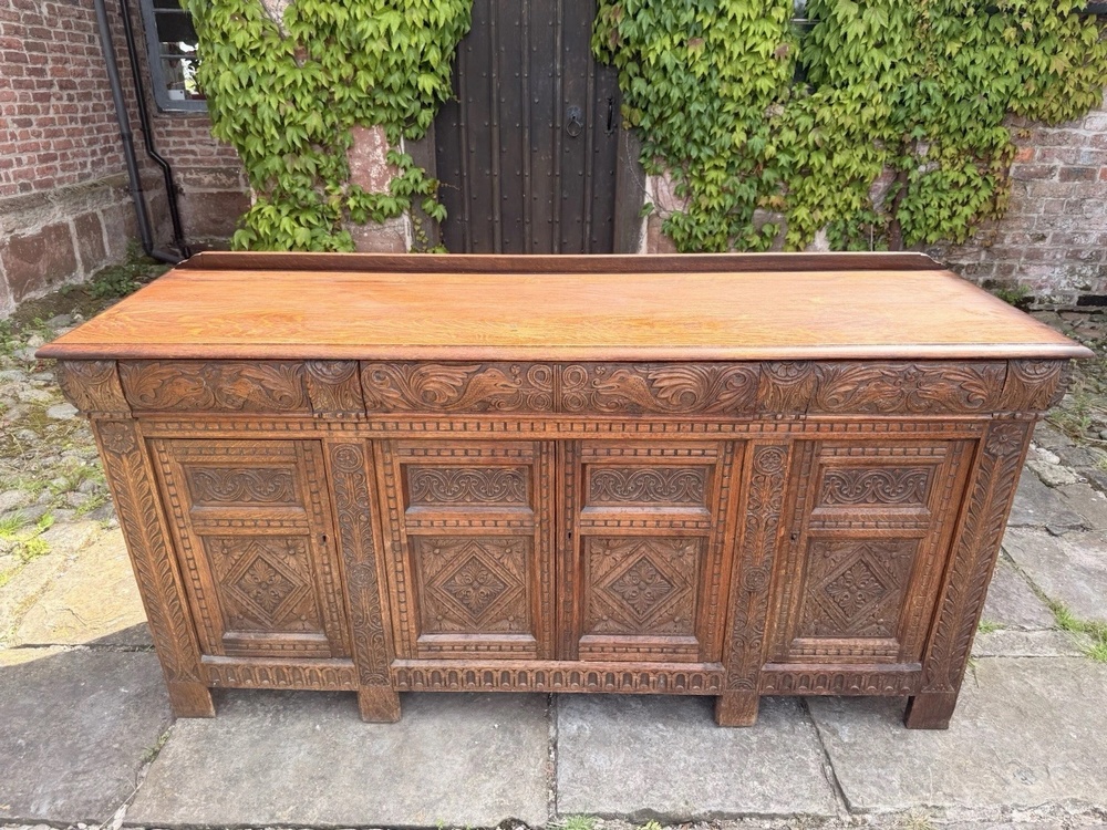 Large Victorian Carved Country House Jacobean Solid Antique Oak Carved Sideboard