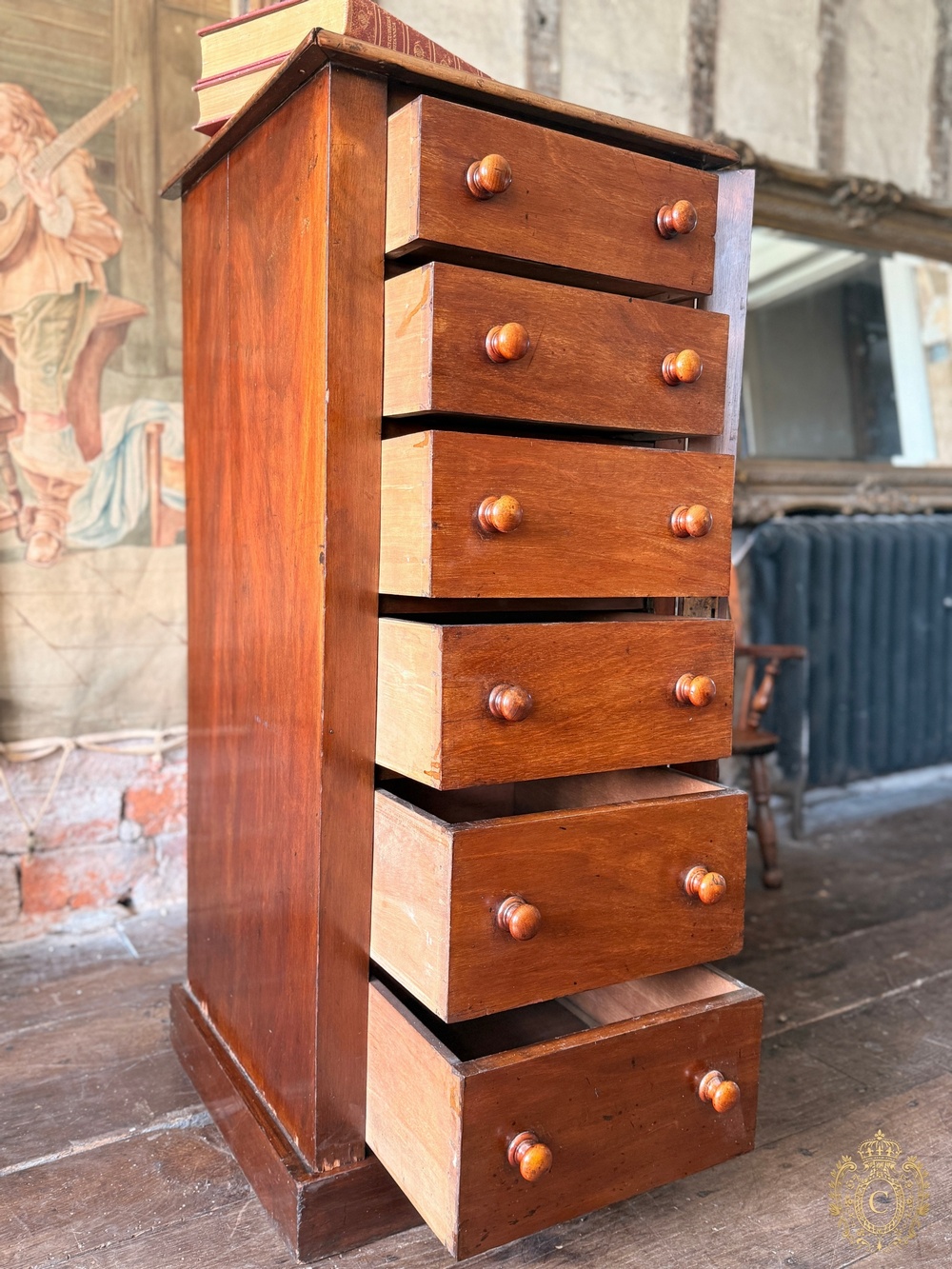 Antique Mahogany Wellington Chest, Six Drawers with Wooden Knob Handles and Locking Bar 1860c