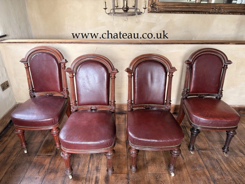 Set 4 Antique Red Aniline Red Leather Dining Chairs Manner - GILLOWS Circa 1860
