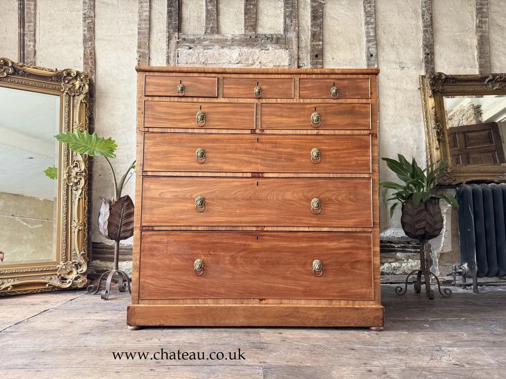 Original Rare Antique Large Crossbanded Lions Heads Chest Of Drawers C 1800's