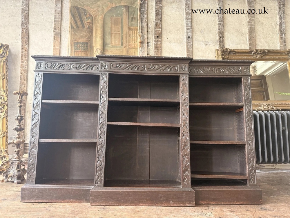 Substantial Large Magnificent Antique Oak Gothic Carved Freestanding Open Adjustable Shelves Bookcase C1880  183 cm width!