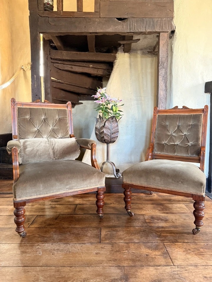 Pair of Antique Sage His & Hers Gentleman's and Lady's Lounge Fireside Chairs