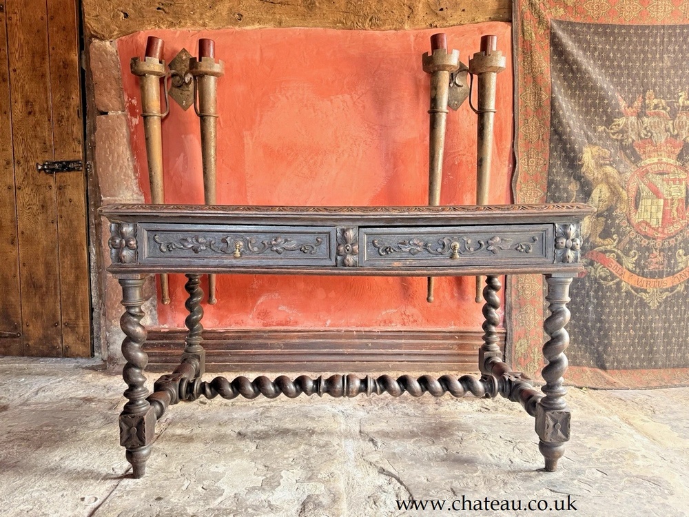 SOLD - English Antique Oak Carved Barley Twist Jacobean Rustic Desk Console Library Table C 1800's