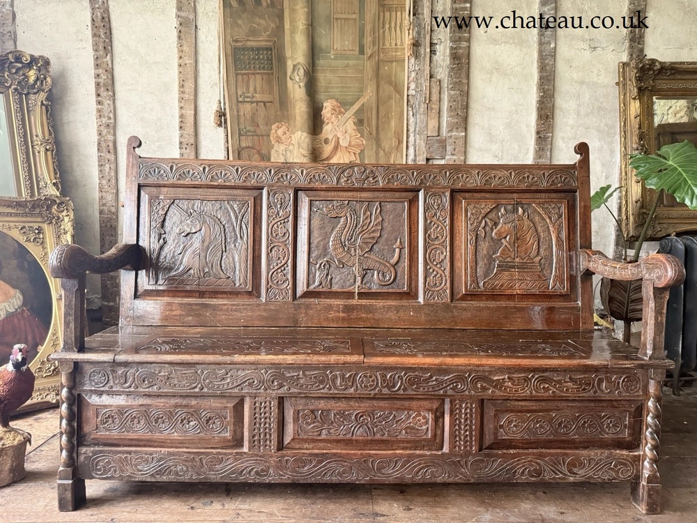 SOLD - Antique Oak Welsh Carved Settle Gothic Tudor Large Provincial Monks Bench 1870C