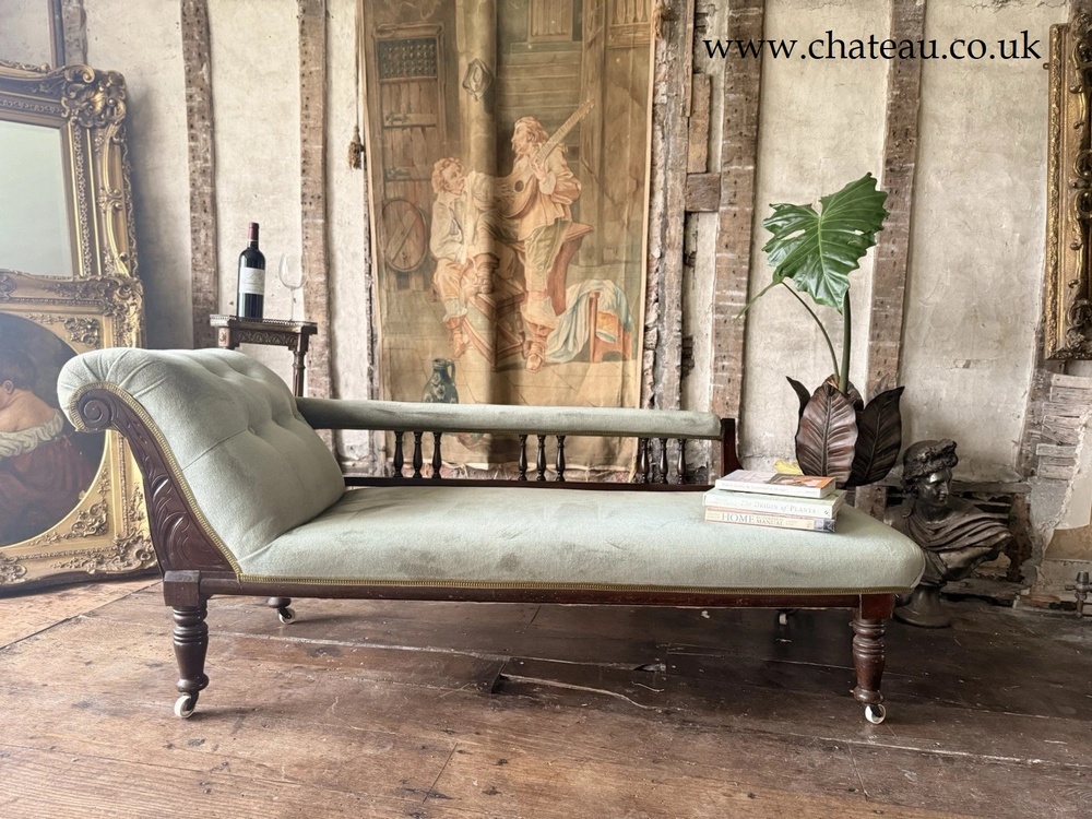 Fine Antique Mahogany Sage Green Velvet Day Bed Chaise Lounge Longue 1880 C