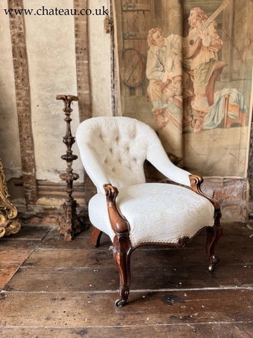 Antique Rosewood Ivory Cream Lady's Library Reading Fireside Nursing Armchair Chair - Recently re-upholstered