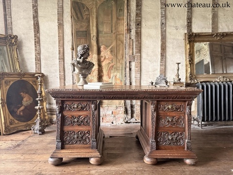 Exceptional Collectors Rare Antique Oak Rustic Carved Pedestal Provincial Desk 1870 Circa