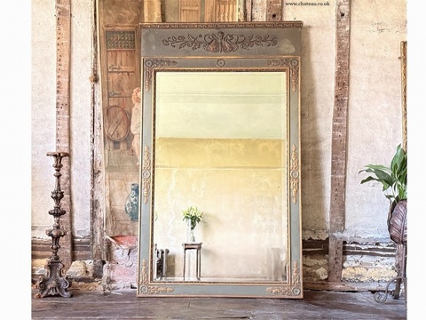 Large Green Gold Louis XVI Style Trumeau Mirror – Gilt Wood, Bevelled Plate, English Antique