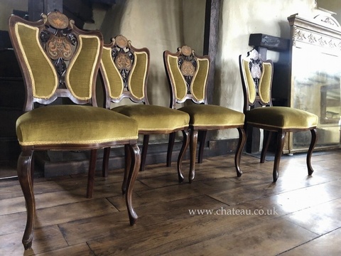 SOLD Quality Unique Original Rare Antique Olive Green and Gilt Marquetry inlaid Edwardian Chairs X 4