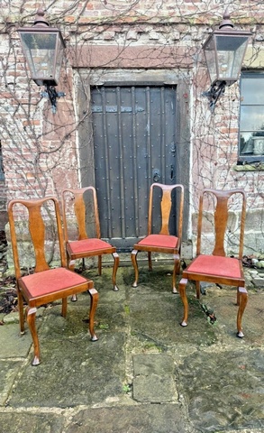 Antique Mahogany Queen Anne Splat Drop in High Back Dining Diner Chairs Set of 4