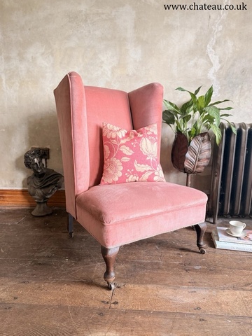 Rare Antique Mahogany (Horse Hair) Lady's Small Rose Pink High Wingback Chair