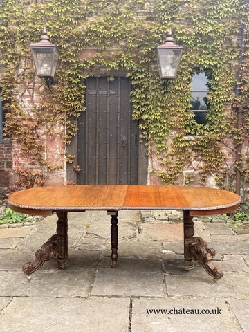 Rare French Antique Carved Oak Henri II Extending Split Pedestal Dining Table