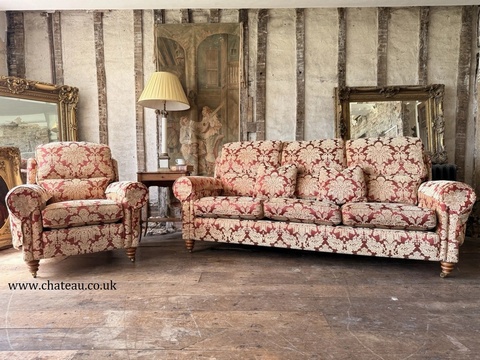 Duresta Southsea Oscar Russet Gold Damask Sofa Armchair 2 Piece Suite - Handmade in England