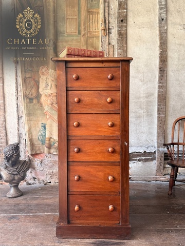 Antique Mahogany Wellington Chest, Six Drawers with Wooden Knob Handles and Locking Bar 1860c